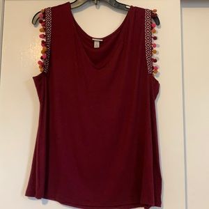 Maroon Tank with Pom Pom Sleeves